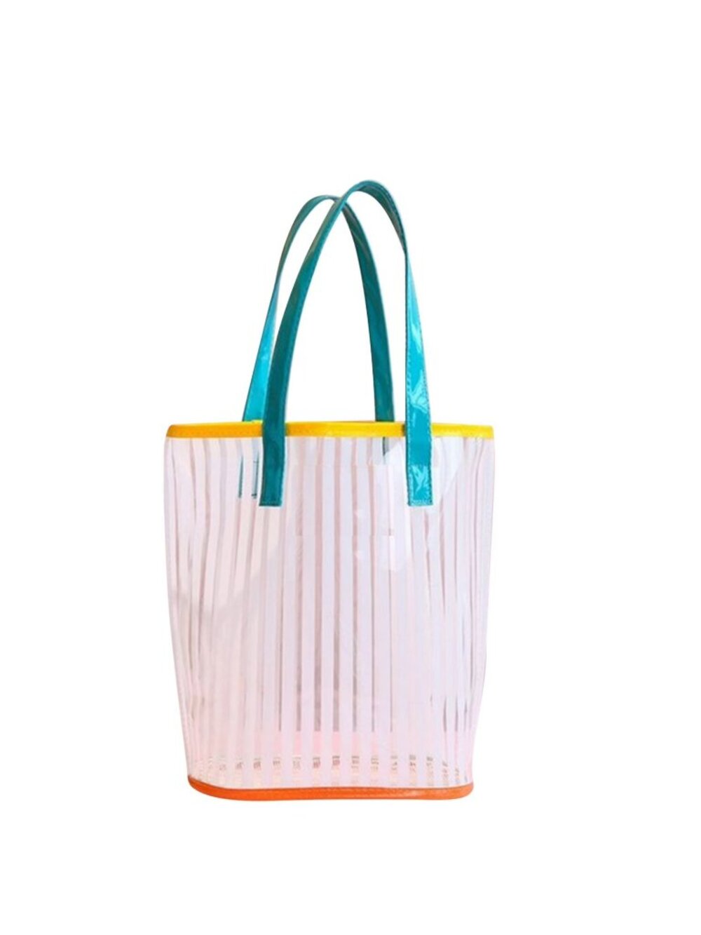 Jelly Tote Bag Striped with Teal Handles and Yellow & Orange Trim